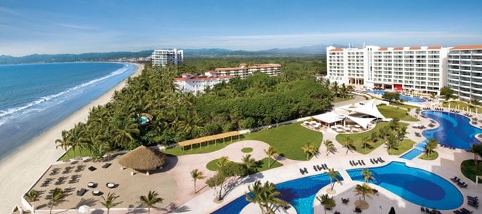 aerial view of beach and hotels