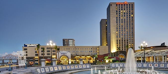 fountain in front of Hilton