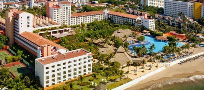 aerial view of hotel and pool