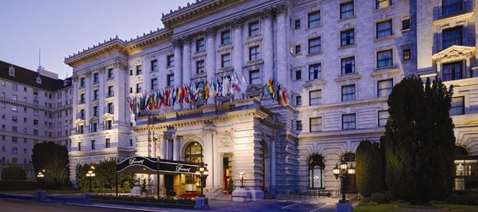 front of hotel with flags